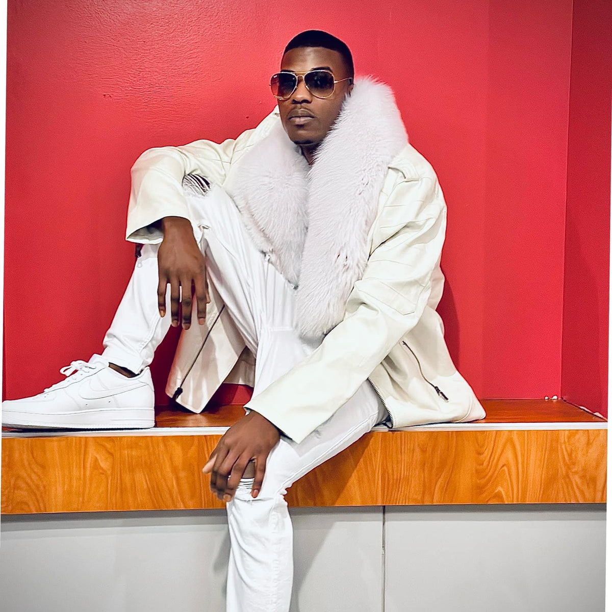 White Genuine Leather Jacket with Fox Fur Collar Men's Cherish The Furs