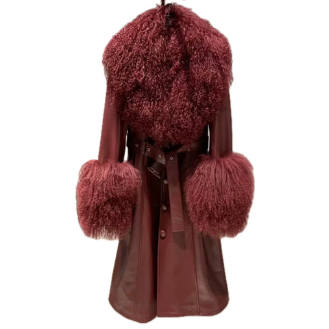 Burgundy leather Mongolian Trench Coat