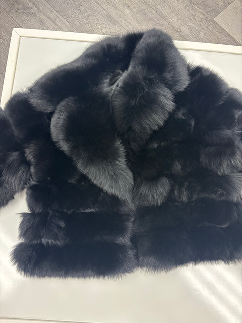 Black fox fur jacket with oversized collar