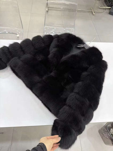 Black fox fur jacket with oversized collar