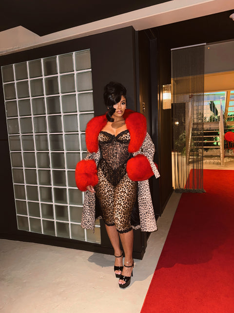 Leopard Trench coat with red convertible fox fur