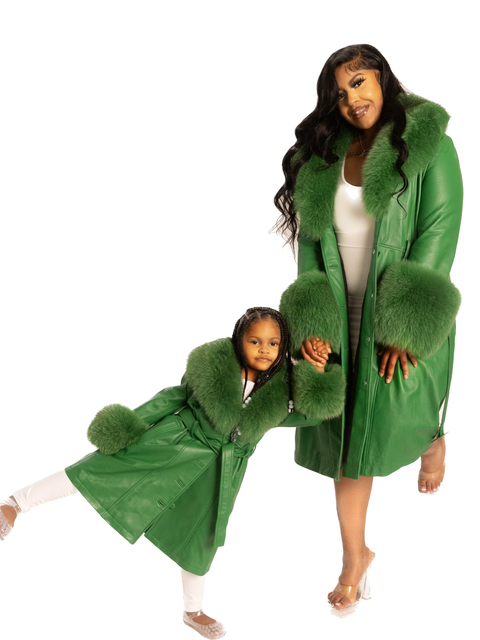 Mommy's Leather Trench Coat with Fox Fur Collar Women's