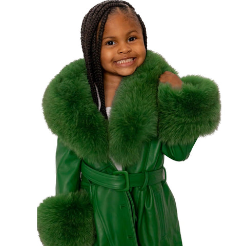 Kid's Leather Trench Coat with Fox Fur Collar