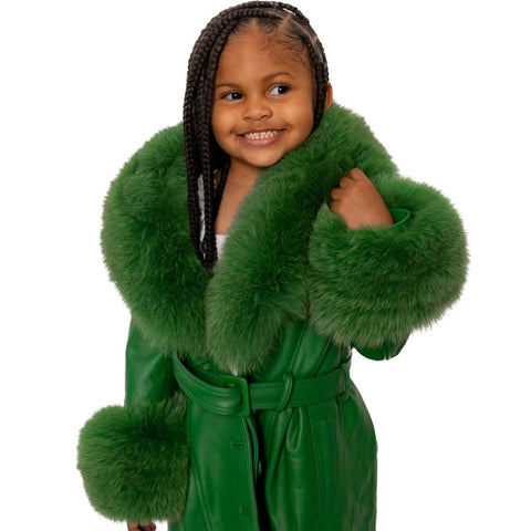 Kid's Leather Trench Coat with Fox Fur Collar