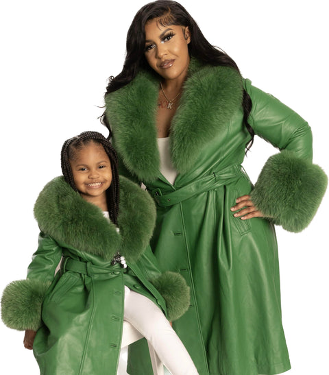 Kid's Leather Trench Coat with Fox Fur Collar