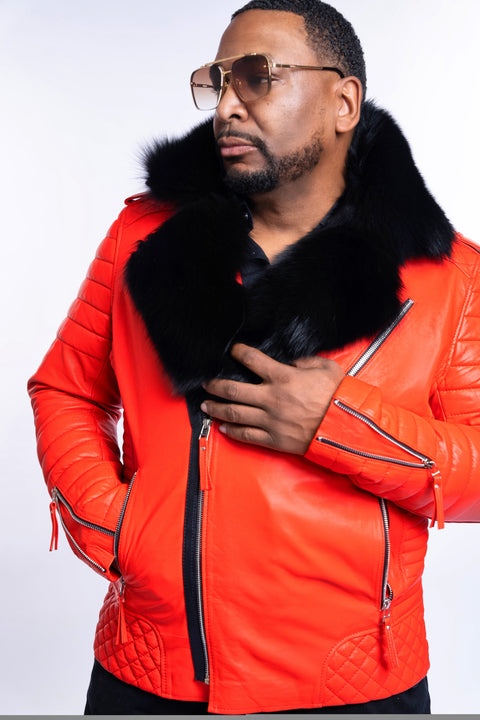 Red Genuine Leather Jacket with Fox Fur Collar Men's