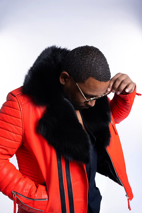 Red Genuine Leather Jacket with Fox Fur Collar Men's