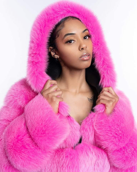 Pink Fox Fur Bomber Women's
