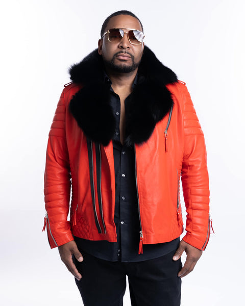 Red Genuine Leather Jacket with Fox Fur Collar Men's